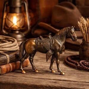 Vintage Brass Horse Figurine w Saddle | Mid Century Metal Equestrian Statue